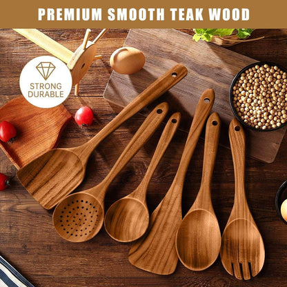 GPED Wooden Spoons for Cooking, 6 PCS Teak Wood Cooking Utensil Set, Wooden Kitchen Utensils for Nonstick Pans & Cookware, Spoons and Spatula Set, Sturdy, Lightweight & Heat Resistant