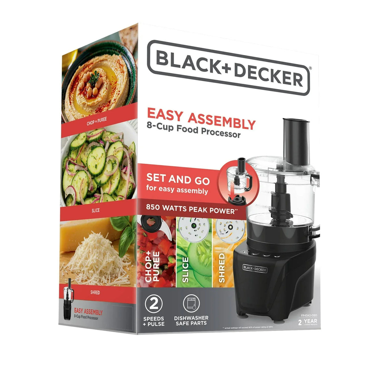 BLACK+DECKER Easy Assembly 8-Cup Food Processor, 850W, 2 Speeds + Pulse, Chop, Puree, Slice, Shred