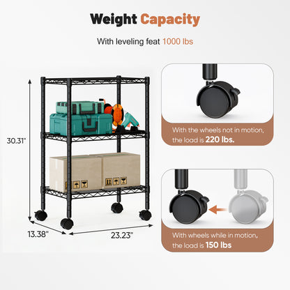 edx 3 Tier Metal Shelving Unit, 23.62"W x 13.78"D x 30"H Height Adjustable Wire Storage Shelves Holds Up to 750 LBS, Black