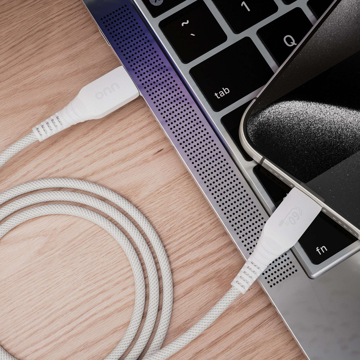 onn 3ft USB-C To USB-C Braided Charging Cable, Fast Charging, USB-IF Certified, White - Compatible with iPhone 17/16/15 Series, Samsung Galaxy, Note, Pixel Devices iPad Pro, & More