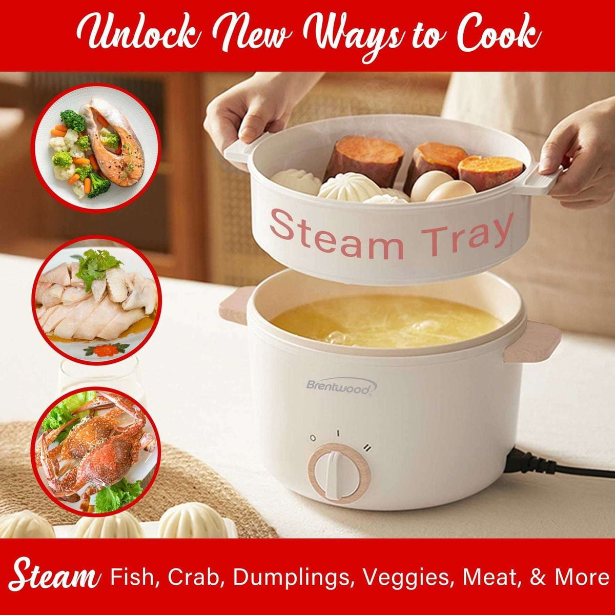 Brentwood 3.2-Qt. Multi-Function Electric Hot Pot Cooker with Food Steamer and Ceramic Non-Stick Coating, White, HPS-3302W, HPS-3302W