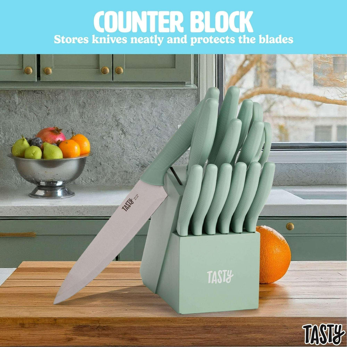 Tasty 15-Piece Stainless Steel Kitchen Knife Set With Block, Soft-Grip Handles Slate Blue