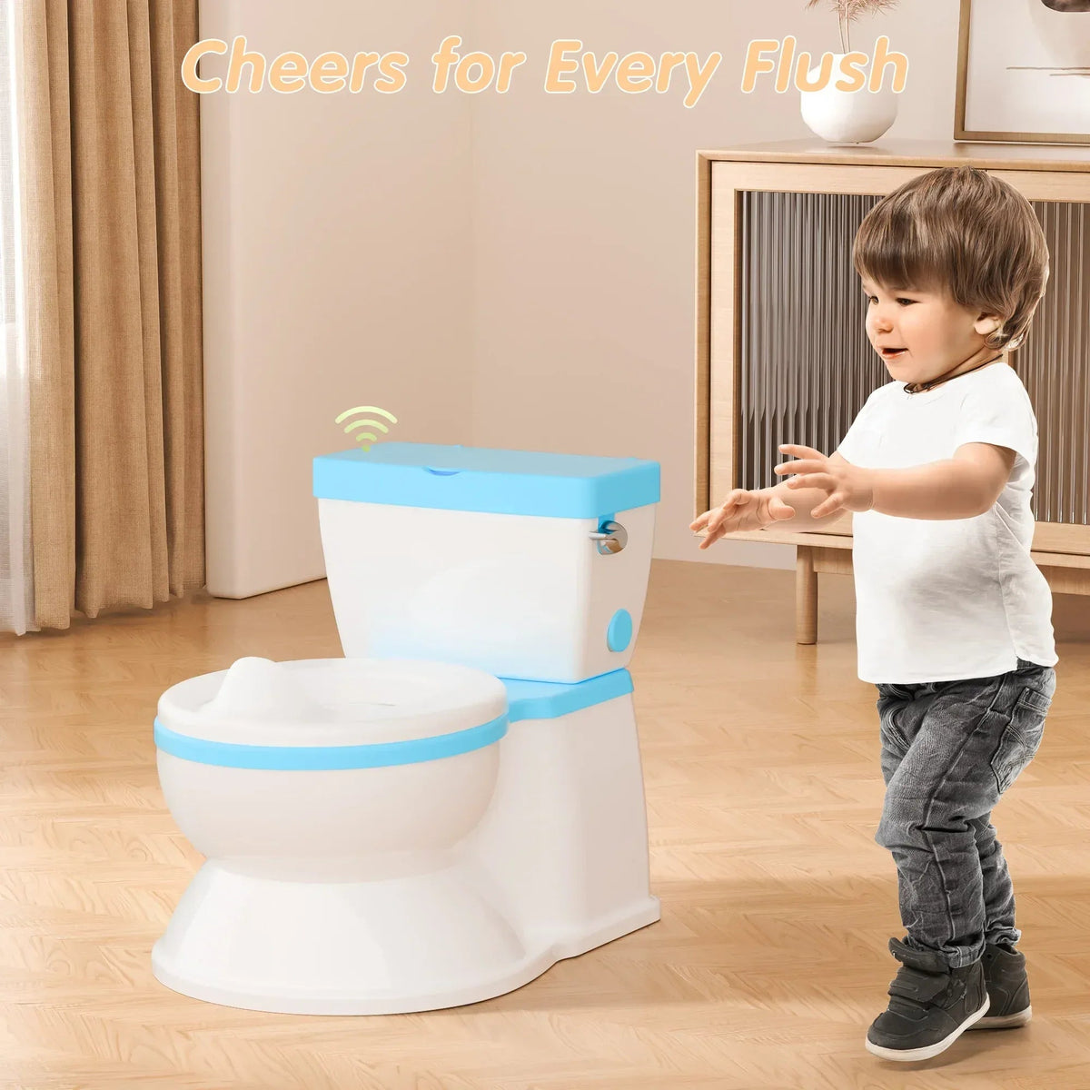 2-in-1 Toddler Potty Training Toilet with Flushing Sound,Blue – Detachable Seat for Boys & Girls, Wipes & Toilet Paper Storage, Easy Clean