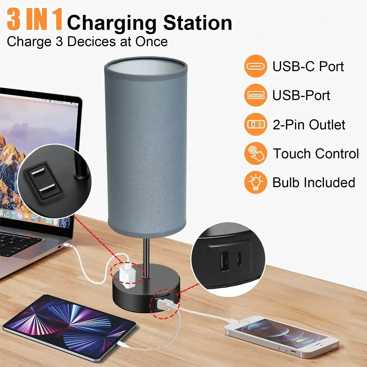 Table Lamps for Bedroom, 3 Way Dimmable Touch Control Bedside Lamp with USB C+A Fast Charging Ports, Nightstand Lamp for Office, Living Room, Reading(E26 Light Bulb Included)