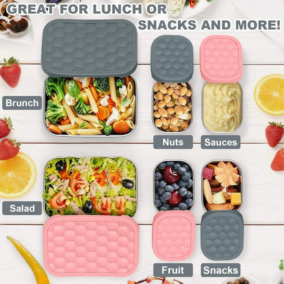 Vesteel Stainless Steel Lunch Container Set, Leak Proof Bento Box with Silicone Lids, Portable Metal Lunch Box for School and Daycare(25OZ + 8OZ*2), Grey