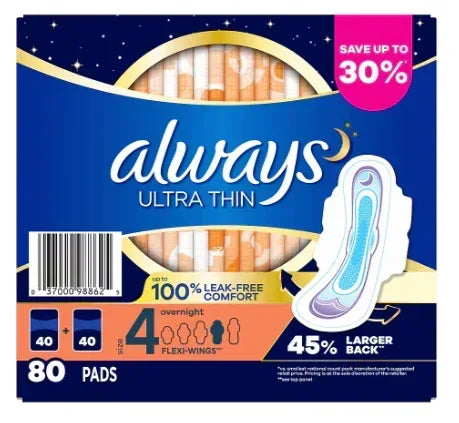 Always Ultra Thin Size 4 Overnight Pads with Flexi-Wings, 80 ct. - Unscented