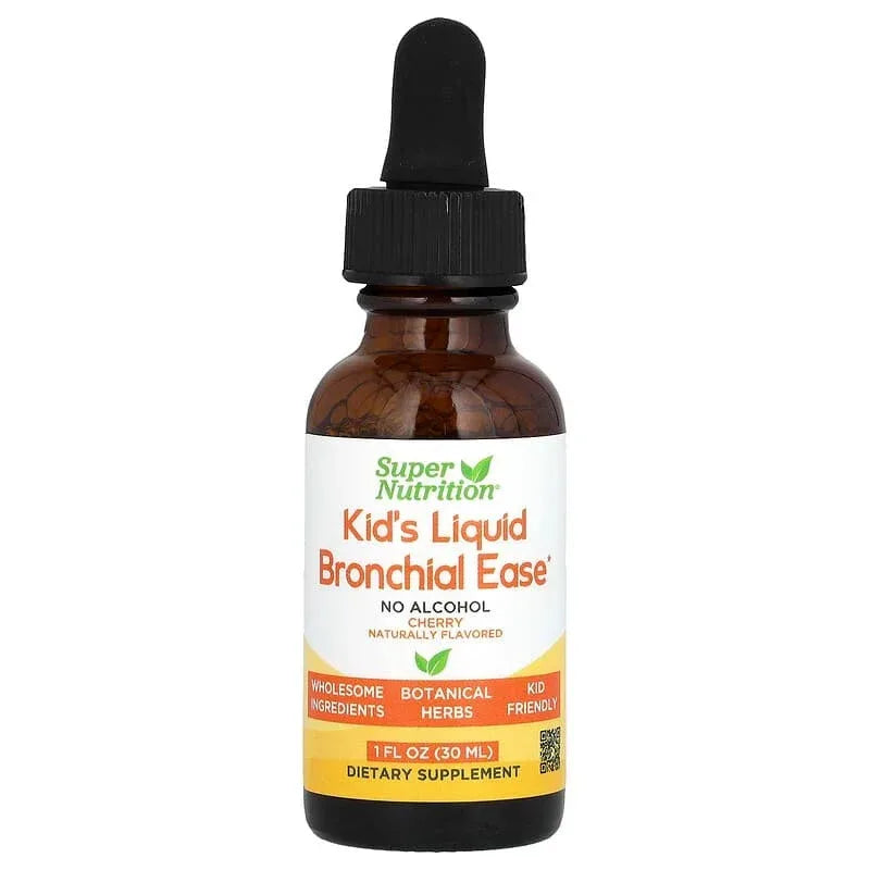 Super Nutrition, Kid's Liquid Bronchial Ease with Lovage Root, Fresh Yerba Santa Leaf, Licorice Root, and Mullein Leaf, No Alcohol, Cherry, 1 fl oz (30 ml)