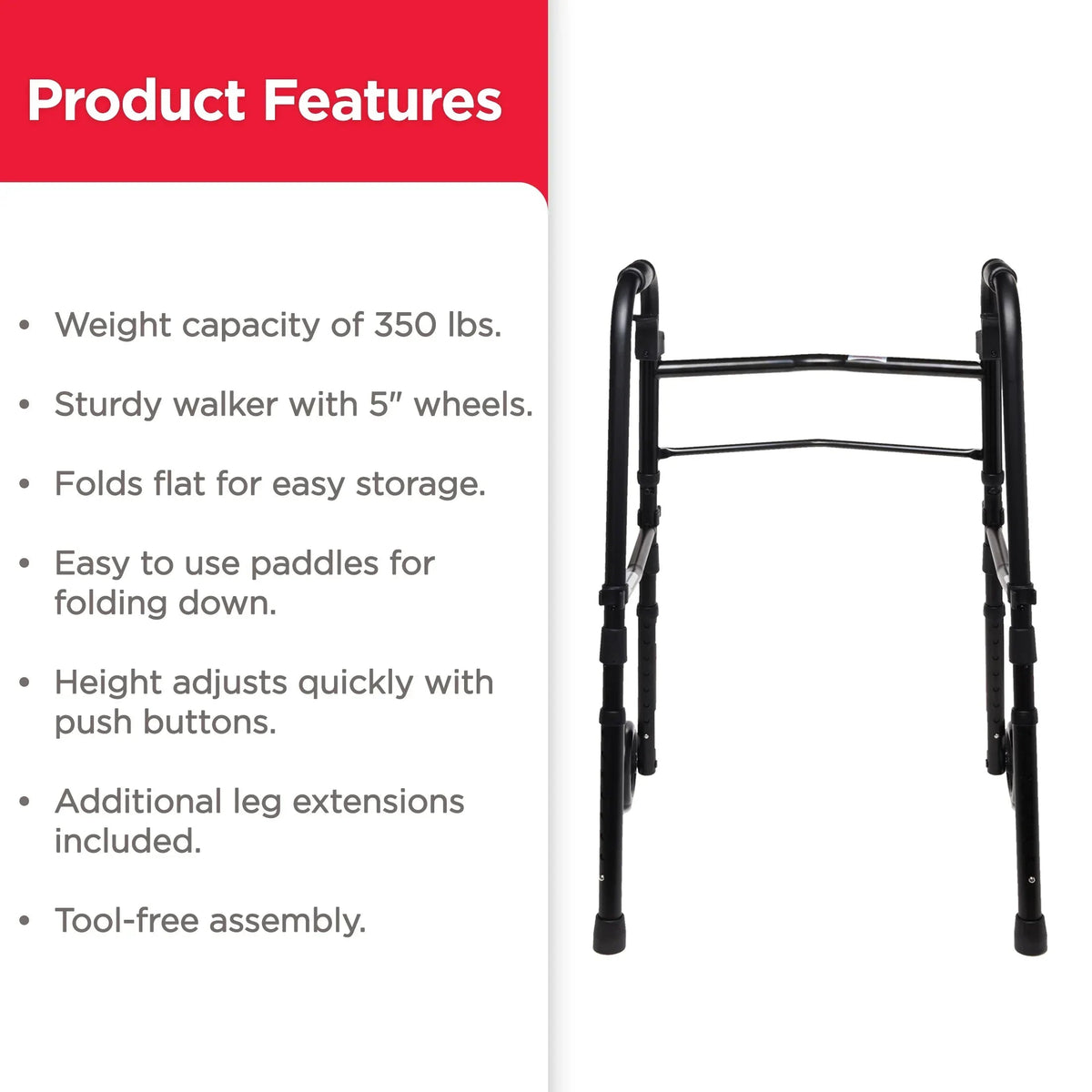 Equate Folding Walker with 5-Inch Wheels, Black – 350 lb Weight Capacity