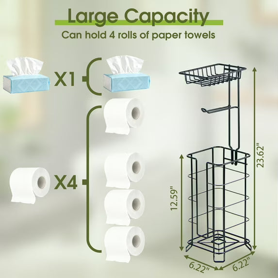 Toilet Paper Holder, Upgraded Toilet Paper Storage Free Standing, Free Standing Tissue Roll Storage Rack for Bathroom, Black