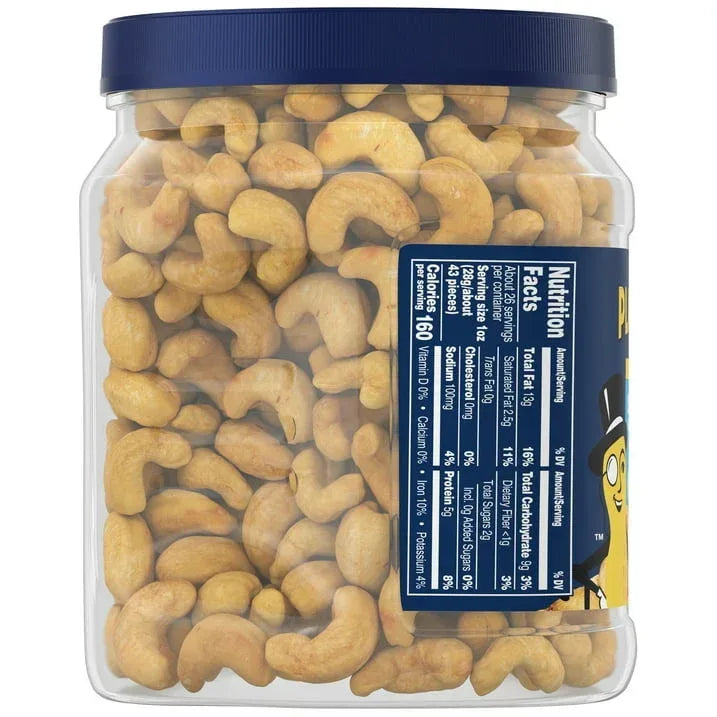 PLANTERS Salted Cashew Halves and Pieces, Party Snacks, Plant-Based Protein, 26 oz Canister