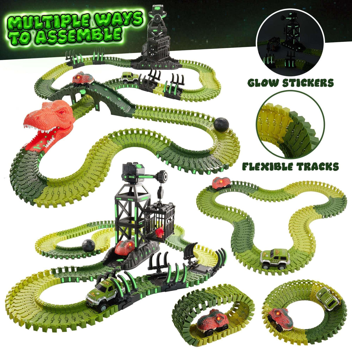 USA Toyz Dinosaur Dash Track 6 Dinosaurs LED Dino Car STEM Set Toy 225 Piece Tracks for Kids Ages 3+