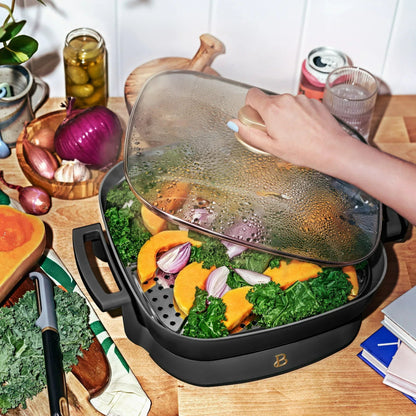 Beautiful 5 in 1 Electric Skillet - Expandable up to 7 Qt with Glass Lid, Black Sesame by Drew Barrymore