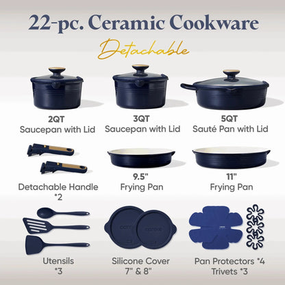 Carote 22 Pcs Ceramic Cookware Set, Pots and Pans Set with Detachable Handles, Oven Safe, Induction Cookware, Stackable Kitchen Cooking Set, Blue