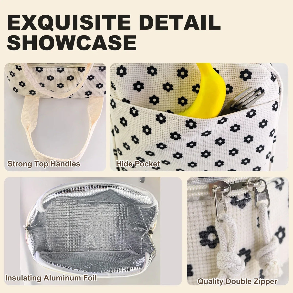 Cute Corduroy Lunch Bag for Women Men, Insulated Lunch Box Tote Bag Reusable Leakproof Bento Cooler Bag for Work Picnic Travel (Black Floral Beige)