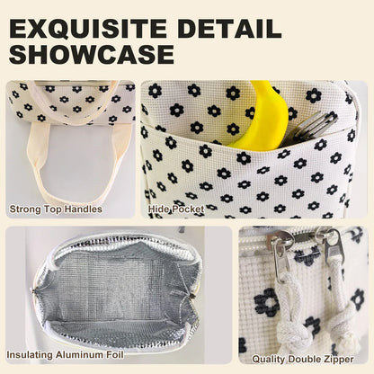 Cute Corduroy Lunch Bag for Women Men, Insulated Lunch Box Tote Bag Reusable Leakproof Bento Cooler Bag for Work Picnic Travel (Black Floral Beige)