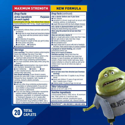 Mucinex Fast-Max Cold & Flu Relief Caplets, Maximum Strength Multi-Symptom Formula with Acetaminophen, 20 Count