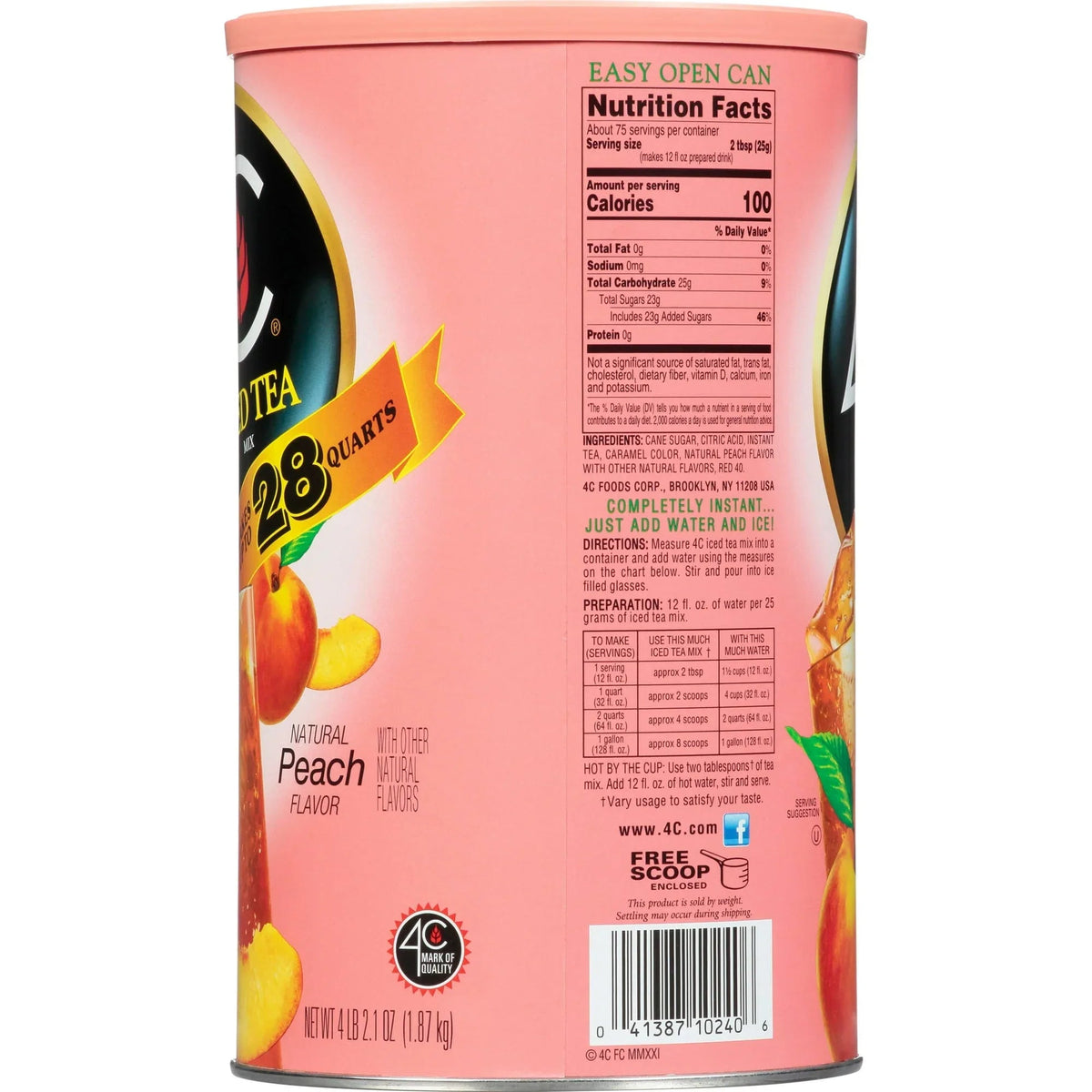 4C Powdered Drink Mix, Natural Peach, 66.1 oz, 1 Ct
