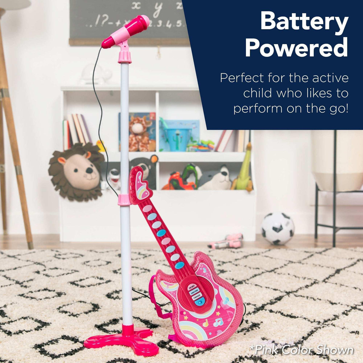Best Choice Products 19in Kids Flash Guitar, Pretend Play Musical Instrument Toy for Toddlers w/ Mic, Stand - Black