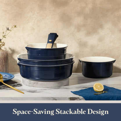 Carote 22 Pcs Ceramic Cookware Set, Pots and Pans Set with Detachable Handles, Oven Safe, Induction Cookware, Stackable Kitchen Cooking Set, Blue