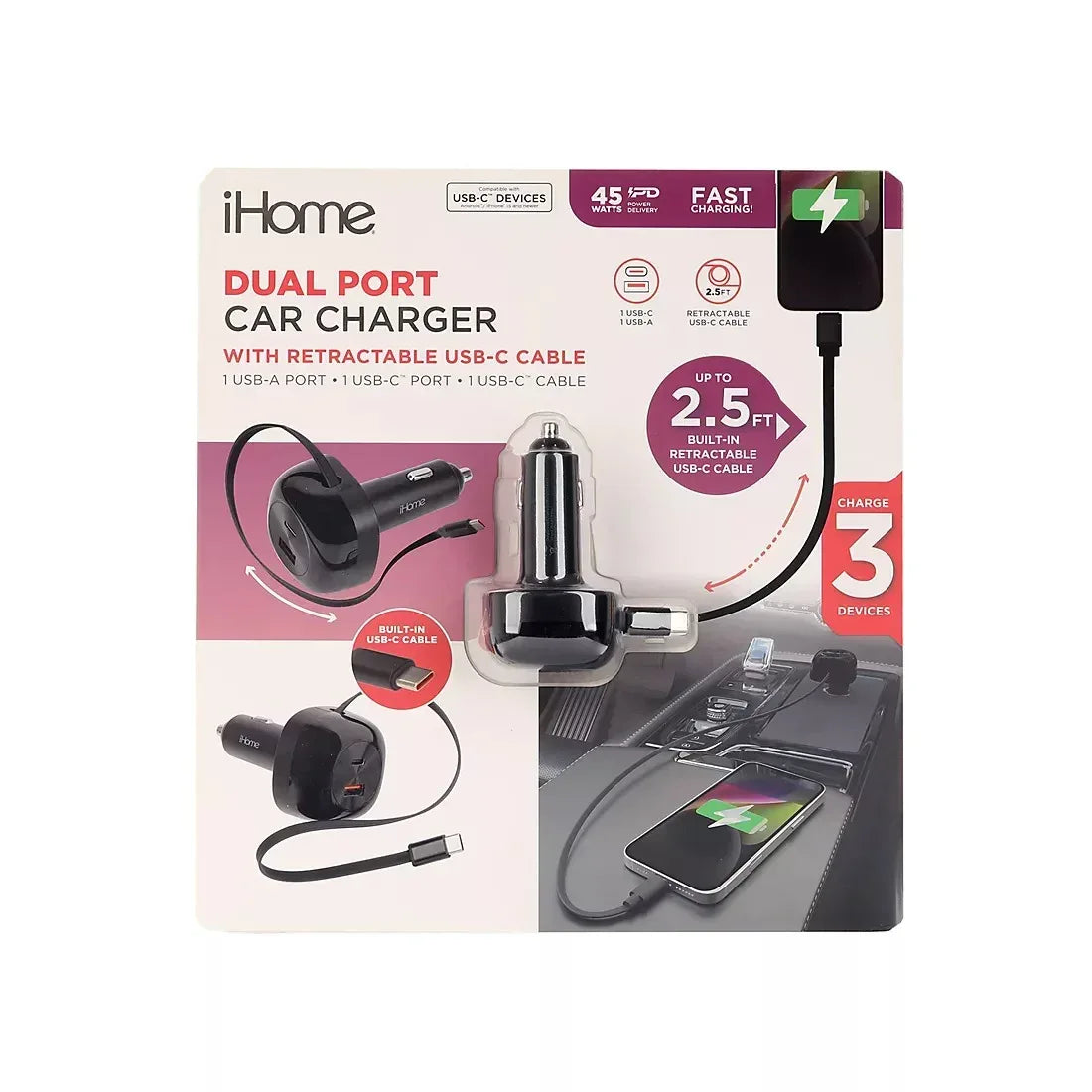 45W Dual Port Car with Retractable USB-C Cable and 1USB-A and 1 USB-C Car Charger