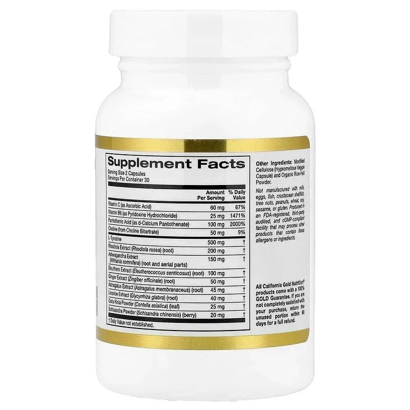California Gold Nutrition, Adrenal Support with L-Tyrosine, Rhodiola Extract, Ashwagandha Extract, and Eleuthero Extract, 60 Veggie Capsules
