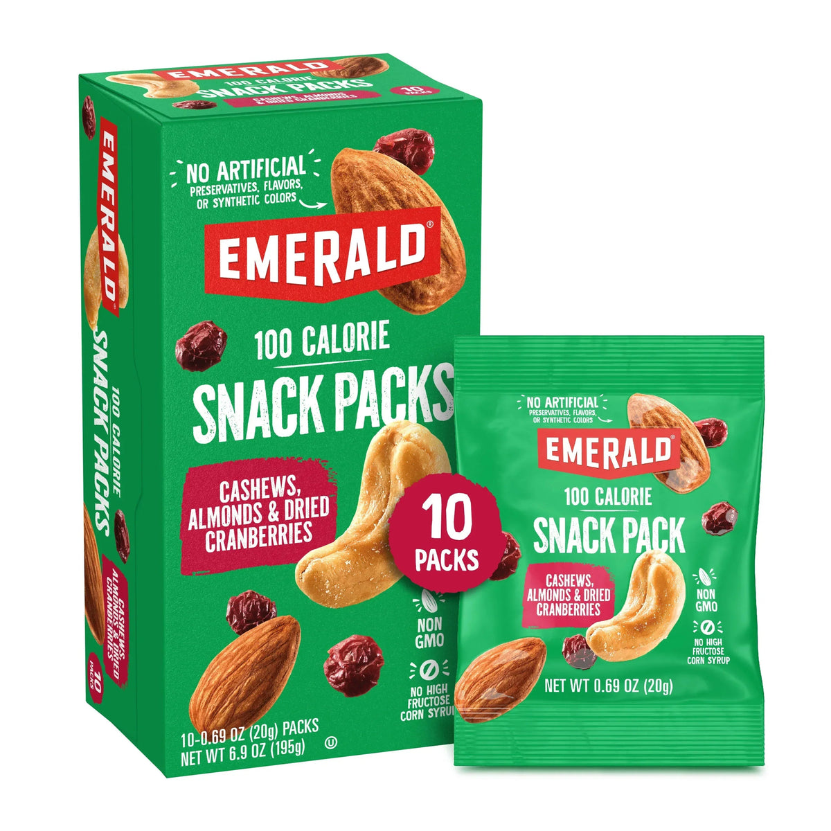 Emerald Nuts Cashews & Almonds with Dried Cranberries, 100 Calorie Packs, 10 Ct