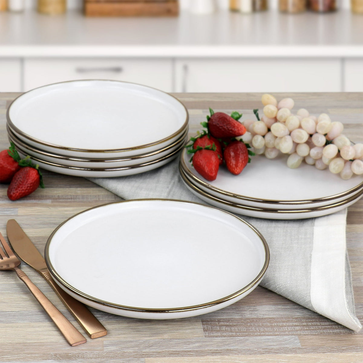Elama Arthur 6 Piece Stoneware Salad Plate Set in Matt White with Gold Rim