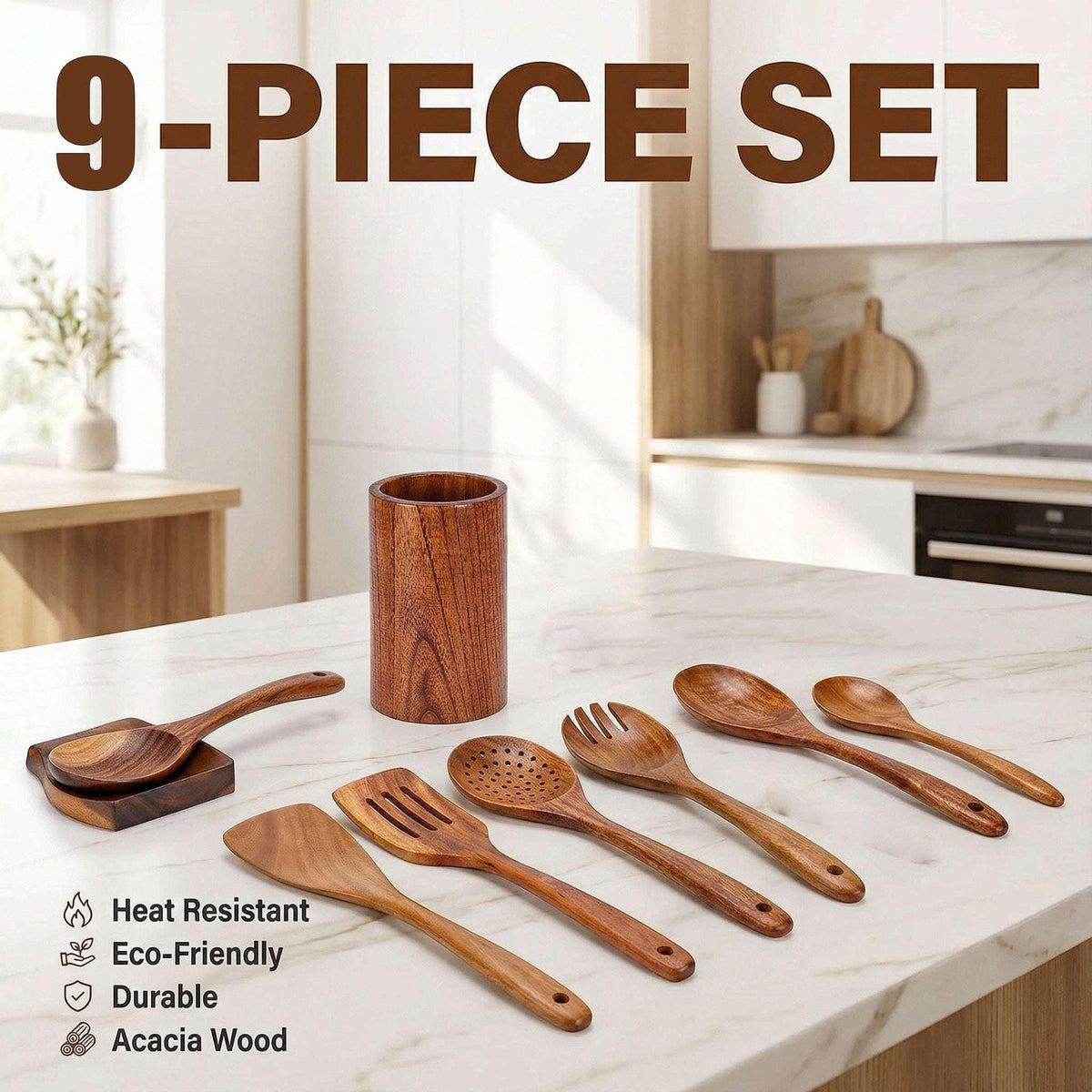 TEAFIRST 9 Pcs Wooden Utensils for Cooking Wooden Utensils for Kitchen, Heat Resistant, Non-Stick