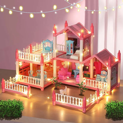 Dollhouse Play Toys Set, 5 Rooms Kids Dollhouse with Doll Toy Figure, Furniture and Accessories, Doll House Gift Toys for Kids Girls Ages 3 & Up, Pink