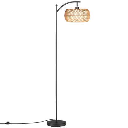 SUNMORY 63'' Dimmable Arc Rattan Floor Lamp, Black Standing Lamp with Rattan & Fabric Double Drum Shade, Boho Farmhouse Tall Lamp for Living Room, Lamps for Bedroom