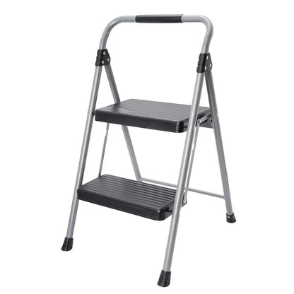 Hyper Tough Gray & Black 2-Step Steel Large Platform & Foldable Step Stool – Holds up to 225 Pounds