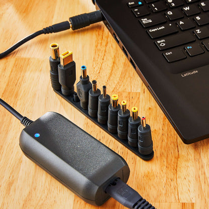 onn 65W Laptop Charger with 10 Interchangeable Tips, 10ft Power Cord, for HP, Dell, Lenovo, Grey