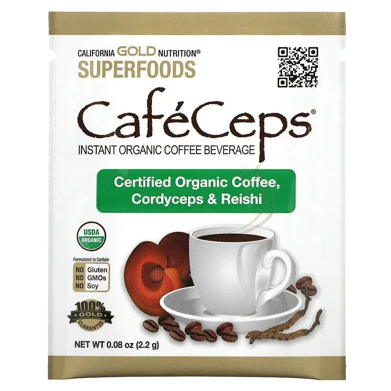 California Gold Nutrition, CafeCeps, Certified Organic Instant Coffee with Full-Spectrum, Organic Cordyceps and Reishi Mushroom Powder, 3.5 oz (100 g)