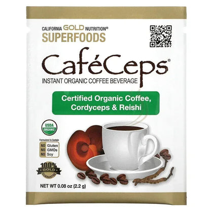 California Gold Nutrition, CafeCeps, Certified Organic Instant Coffee with Full-Spectrum, Organic Cordyceps and Reishi Mushroom Powder, 3.5 oz (100 g)