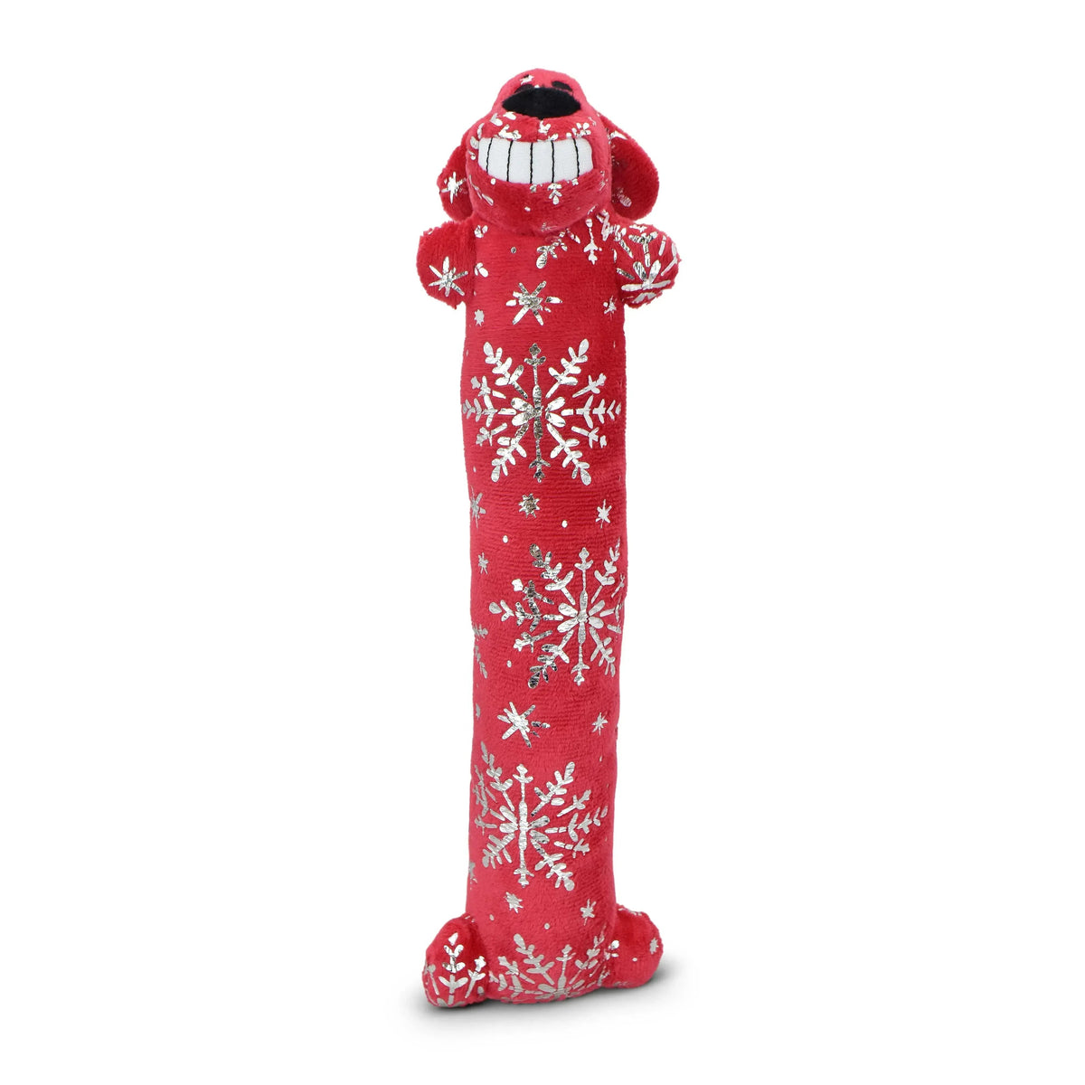 Multipet Plush Holiday Loofa Dog Toy with Sparkly Snowflakes, Stuffing & Squeaker, 3 pack with Red, Green & White, 12" Each