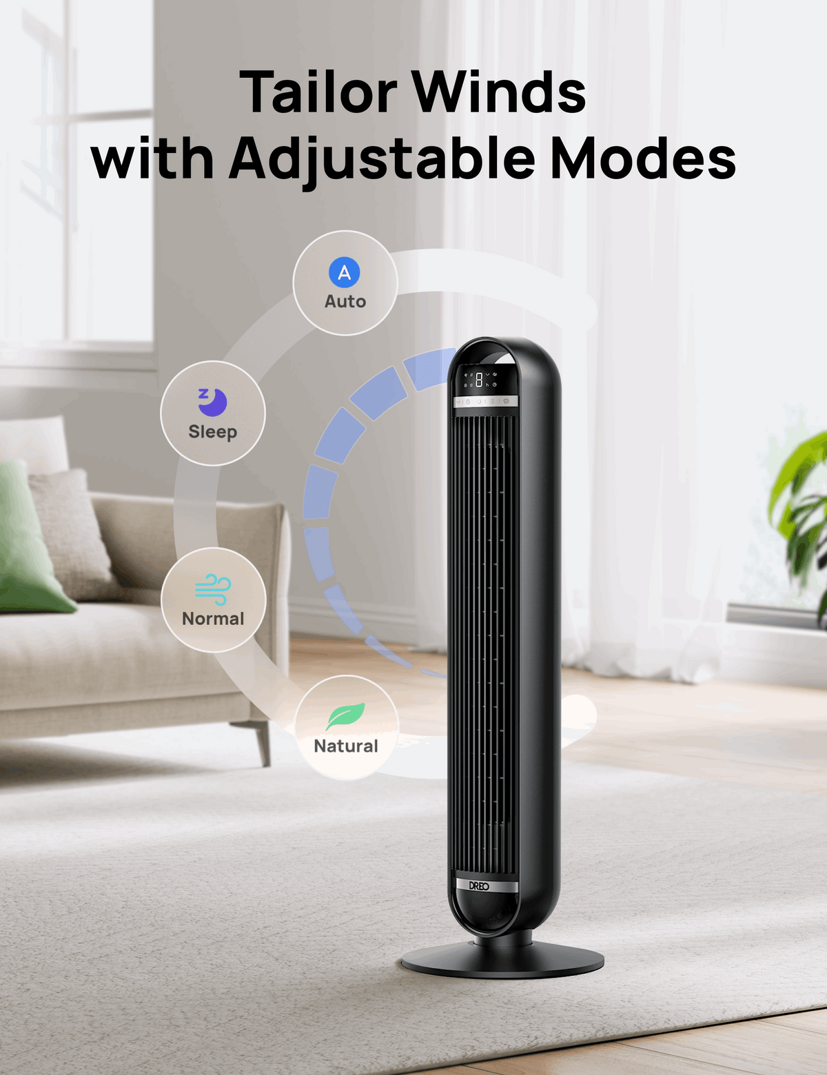 DREO Tower Fan, 27ft/s Velocity Quiet Floor Fan, 90° Oscillating Fans for Indoors with 8 Speeds, 4 Modes, Remote Control, Standing Fans, Bladeless Fan, Black, Nomad DC