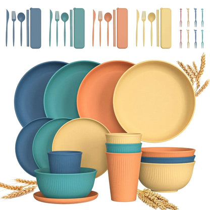 GPED 48 Pcs Wheat Straw Dinnerware Sets For 4, Unbreakable Dinnerware Sets, Reusable Wheat Straw Plates and Bowls Sets, Travel Camping Cutlery Set, Dishwasher Microwave Safe Dinnerware, Beige