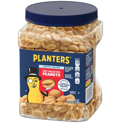 PLANTERS Lightly Salted Dry Roasted Peanuts, Party Snacks, Plant Based Protein, 2.16 lb Canister
