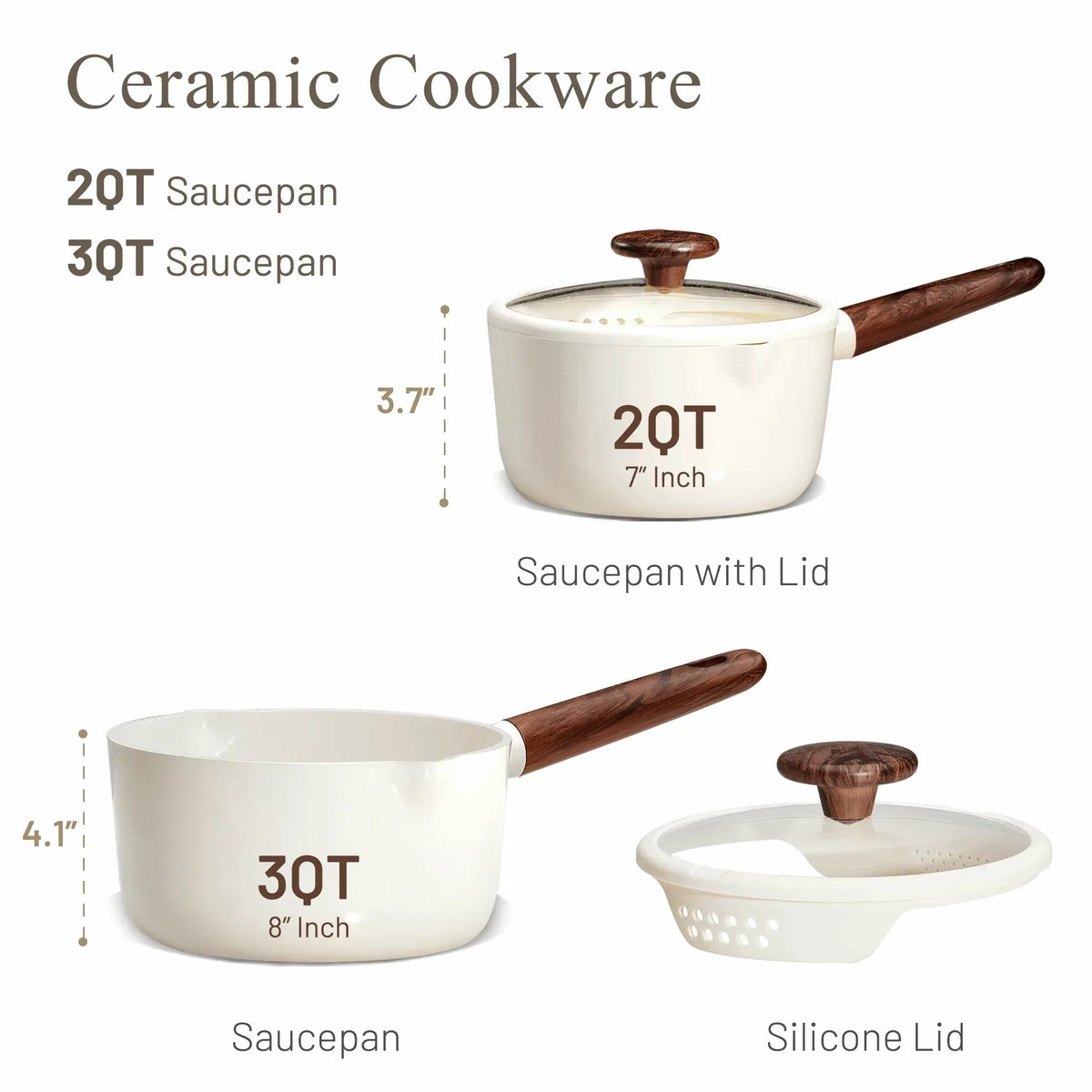 Carote 2QT & 3QT Ceramic Nonstick Saucepan Set with Strainer Lids, Small Cooking Pot, Induction Compatible, White