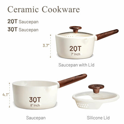 Carote 2QT & 3QT Ceramic Nonstick Saucepan Set with Strainer Lids, Small Cooking Pot, Induction Compatible, White