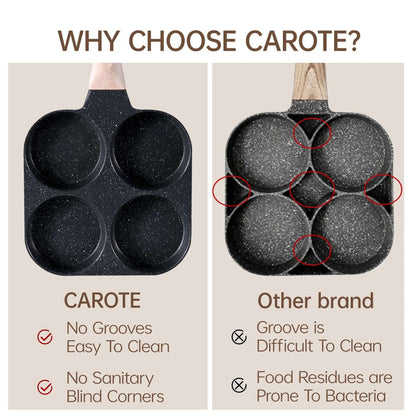 Carote 4-Cup Nonstick Egg and Burger Pan, Breakfast Skillet with Divided Sections, Induction Compatible （Black）