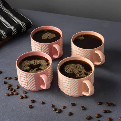 Thyme & Table 4 Pack Stacking Mugs, Pink and White Lines 11.1 fl oz, Stoneware