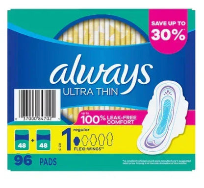 Always Ultra Thin Regular Pads with Flexi-Wings, 96 ct.