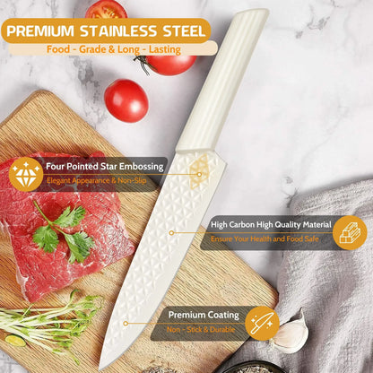 Joyfair Kitchen Knife Set, 7 Pcs Stainless Steel White Knives Block Set for Chef, Super Sharp Professional Knife Set with Universal Knife Block for Home Restaurant, Non-Stick & Anti-Rust