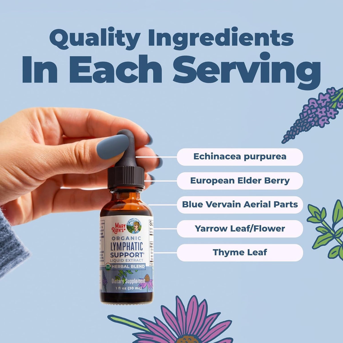 MARYRUTH'S Lymphatic Support Liquid Drops | USDA Organic | Herbal Blend with Echinacea & Elderberry | Blue Vervain | Yarrow Leaf | Vegan | Alcohol-Free | Non-GMO | CLP Certified | 1 oz | 30 Servings