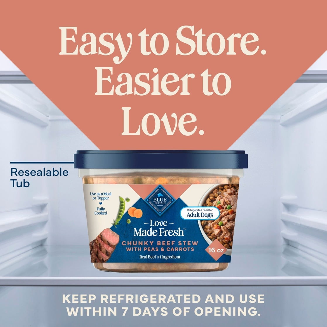 Blue Buffalo Love Made Fresh Dog Food, Refrigerated, Chunky Beef Stew, 1-lb Tub