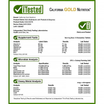 California Gold Nutrition, Chewable Multivitamins with Probiotics, Enzymes, Vitamin A and Vitamin C for Children, Assorted Fruit, 60 Vegetarian Tablets