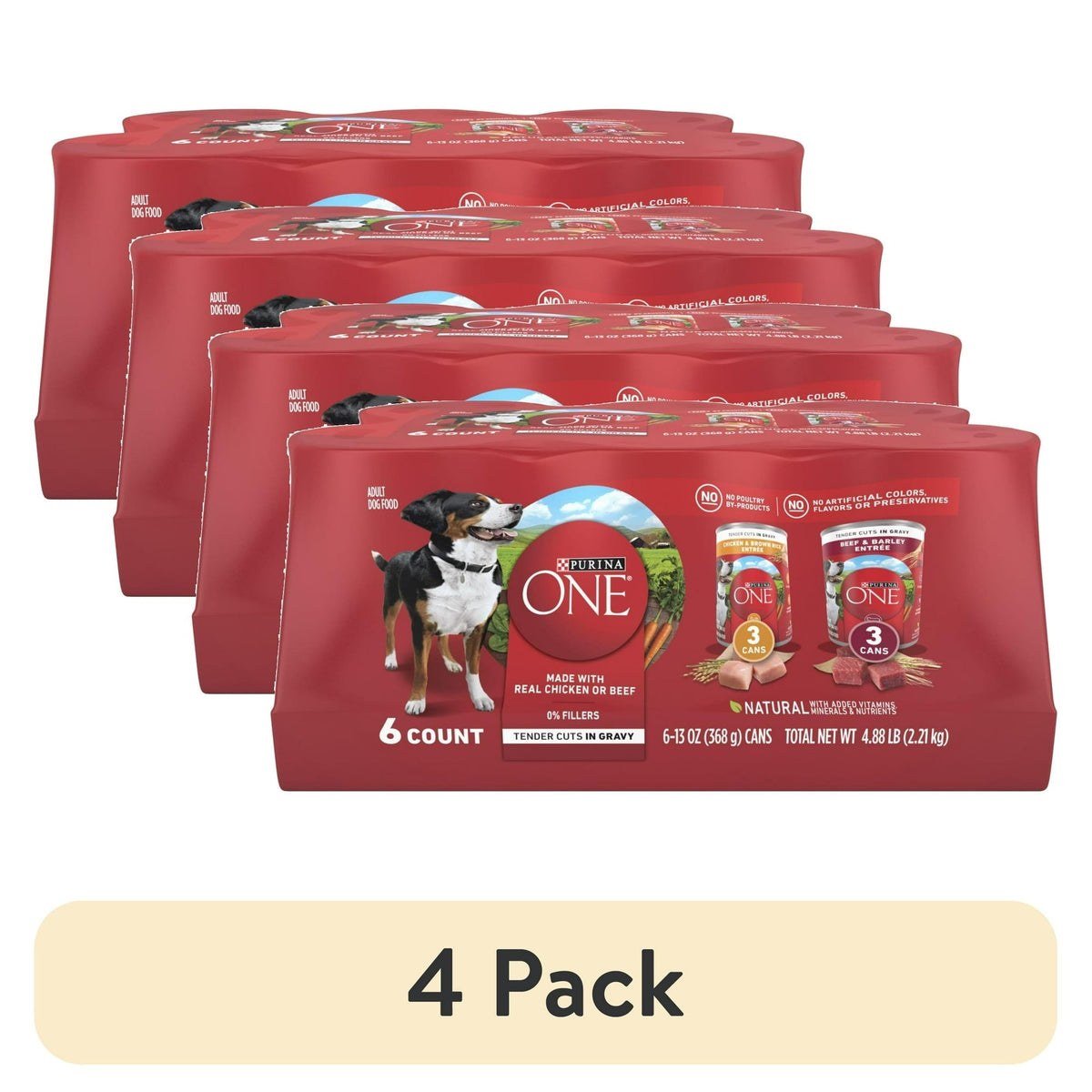 Purina ONE Tender Cuts in Gravy Chicken and Brown Rice, and Beef and Barley Entrees Wet Dog Food Variety Pack, 13 oz Cans ()