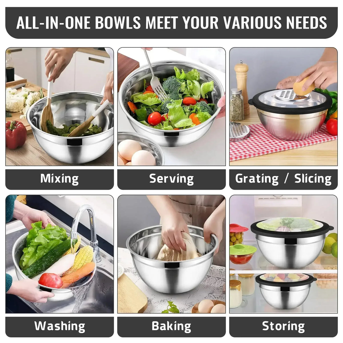 Vesteel Mixing Bowls with Lids Set of 8, Stainless Steel Prep Bowls with Upgraded Airtight Visible Lid, Metal Nesting Bowl Attach with 3 Graters for Kitchen Grating/ Shredding / Mixing