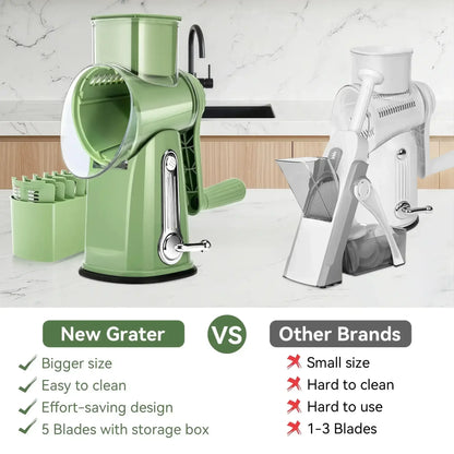 Pukomc Rotary Cheese Grater with Handle- 5 Blades, Suction Base, Mandoline Slicer & Veg Shredder with Blade Storage Box(Green)